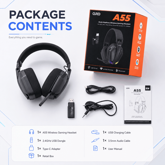 Fone de ouvido gamer sem fio QRD A55 2,4 GHz